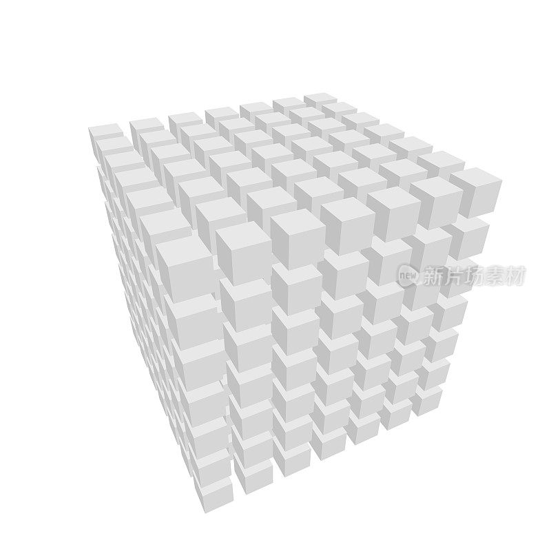 立方体的立方体，3D渲染7x7x7 = 343立体立方体与间隙。与视角。